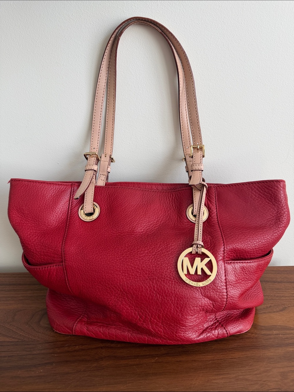 Michael Kors Red Pebbled Leather Shoulder Tote with Tan Straps